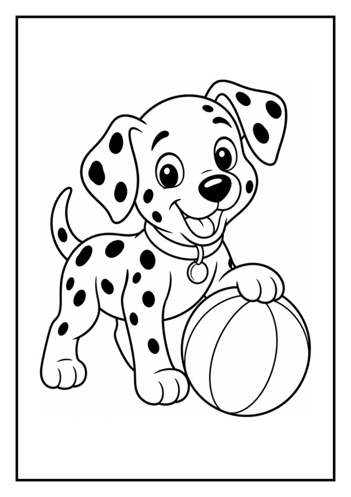 Kleurplaat van een vrolijke dalmatiër puppy die uit een hondentunnel komt met een bal erbij