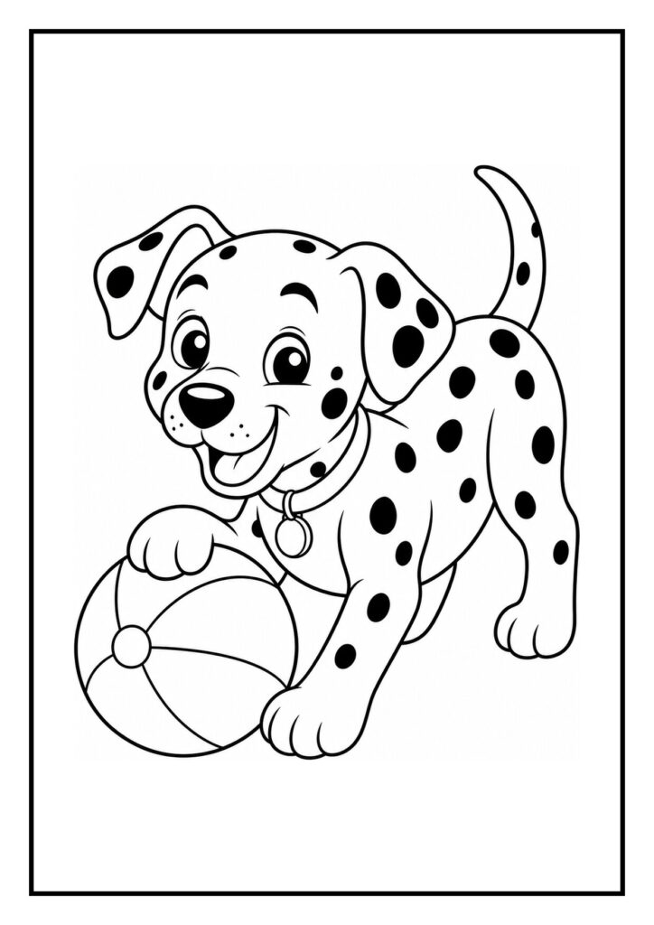 Kleurplaat van een speelse dalmatiërpuppy die een slee vooruit trekt terwijl hij met een bal speelt