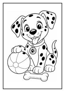 Vrolijke dalmatiër puppy met bal en bot leert een truc in deze kleurplaat