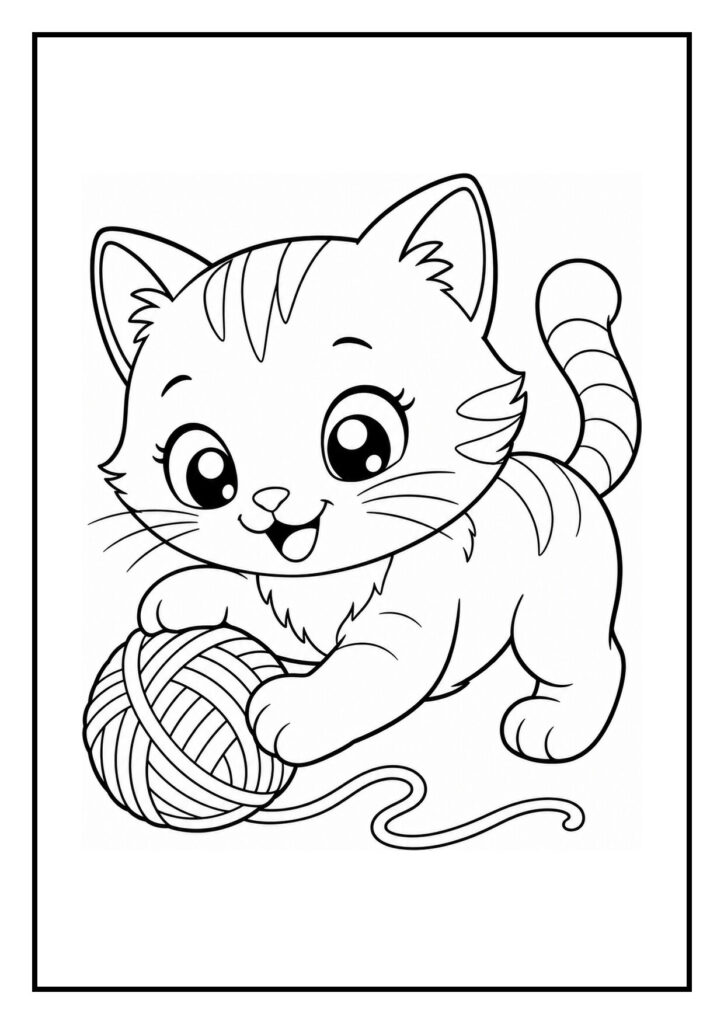 Kleurplaat van een speelse, schattige kitten die achter een grote bol wol aanrent