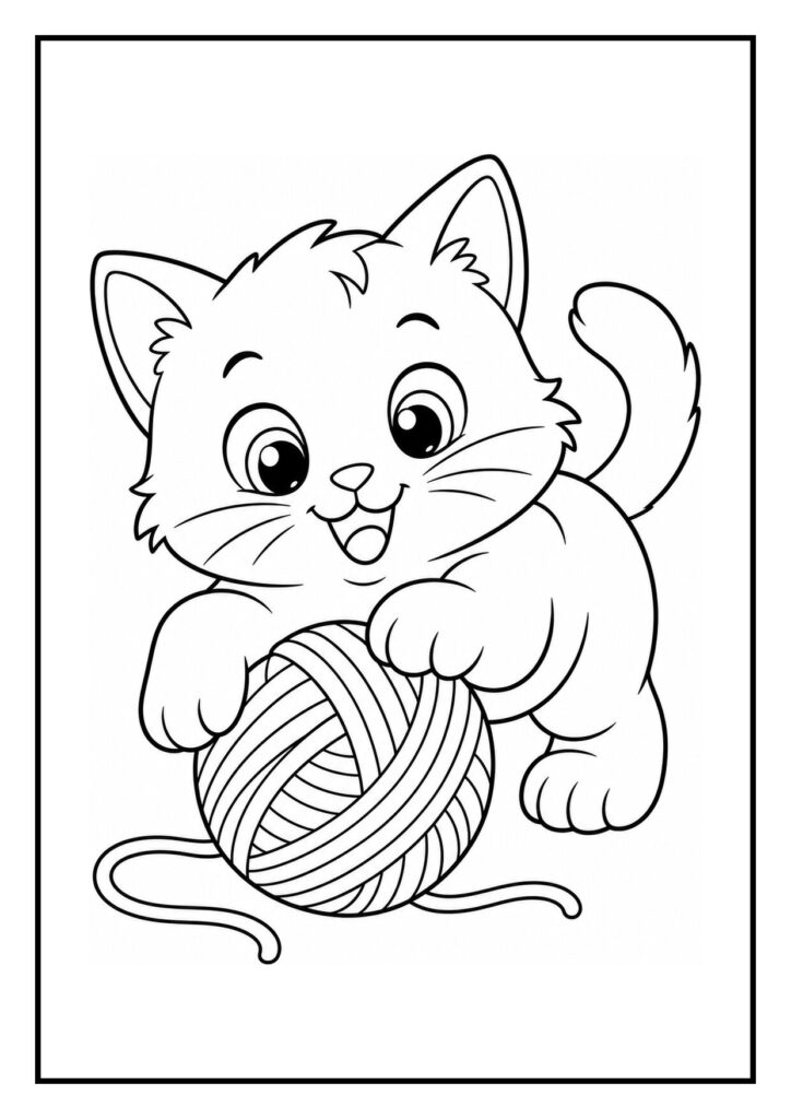 Kleurplaat van een schattige kitten die ligt te slapen in een gezellig mandje met een bol wol