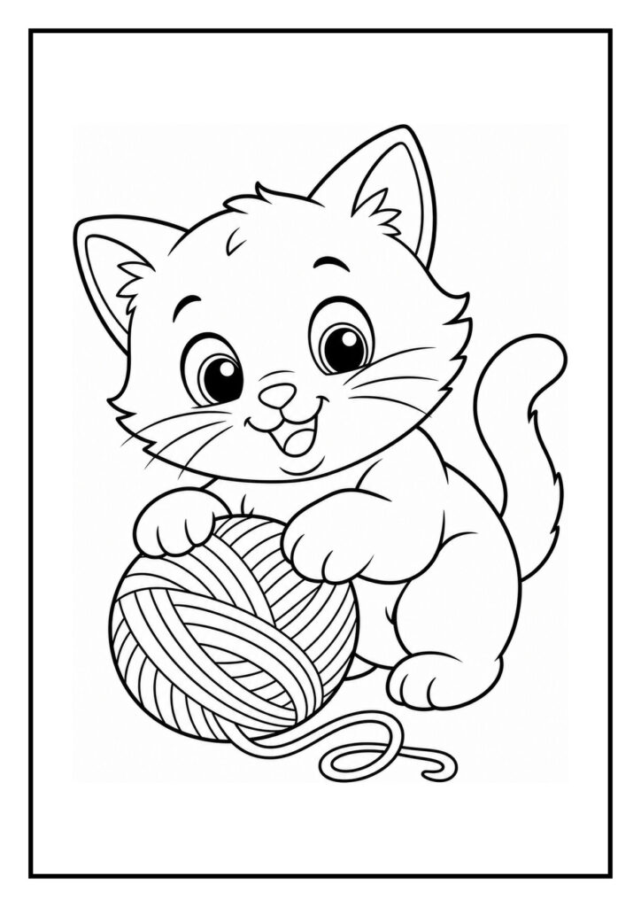 Kleurplaat van een vrolijke kitten die uit een kartonnen doos gluurt en speelt met een bol wol