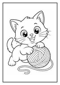 Vrolijke kleurplaat van een schattige kitten die speelt met een bol wol