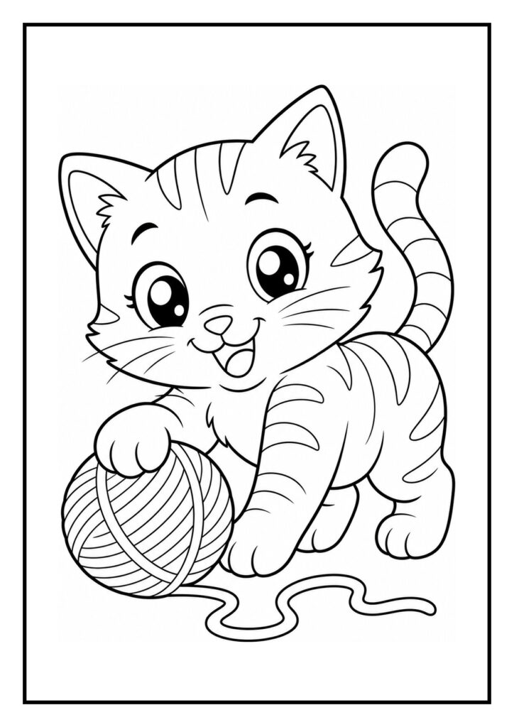 Kleurplaat van een kat die haar poten uitstrekt na een lang dutje met een bol wol ernaast