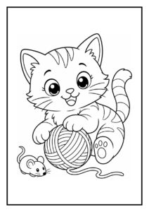 Kleurplaat van een schattige kitten die speelt met een bol wol en een kleine muis erbij