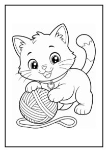 Kleurplaat van een speelse kitten die uit een kartonnen doos springt met een bol wol
