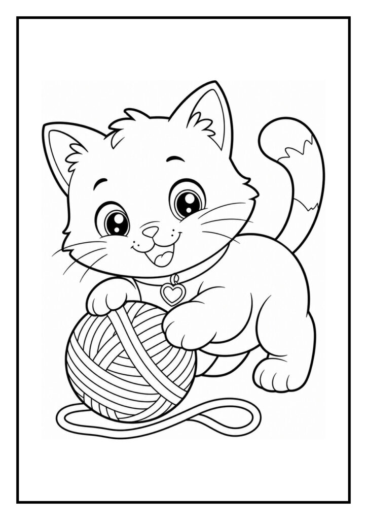 Kleurplaat van een speelse kitten die uit een kartonnen doos springt met een bol wol