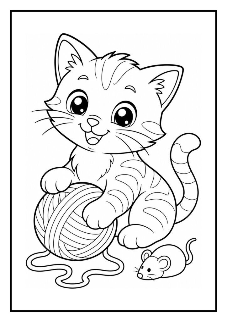 Kleurplaat van een schattige kat met verstopte pootjes die speelt met een bol wol en een kleine muis naast zich