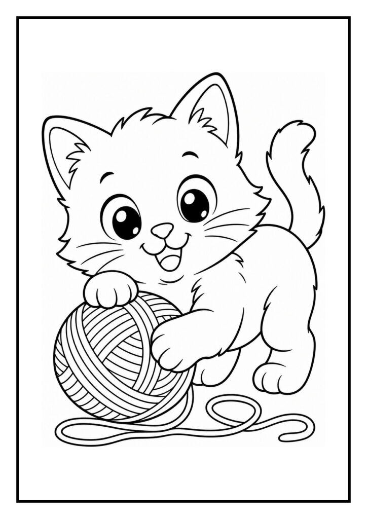 Kleurplaat van een speelse kitten die een vlinder probeert te vangen met een bol wol