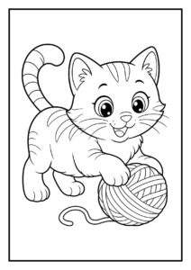 Kleurplaat van een schattige kitten die een bal door een tunnel duwt, geschikt voor kinderen
