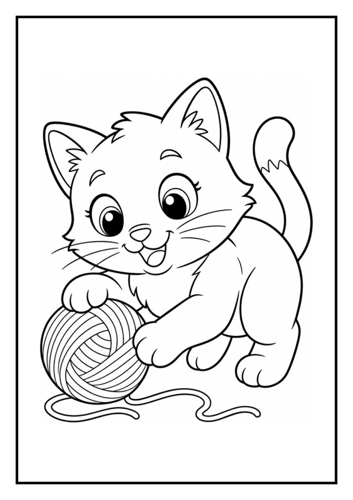 Kleurplaat van een vrolijke kitten die bovenin een hoge krabpaal klautert