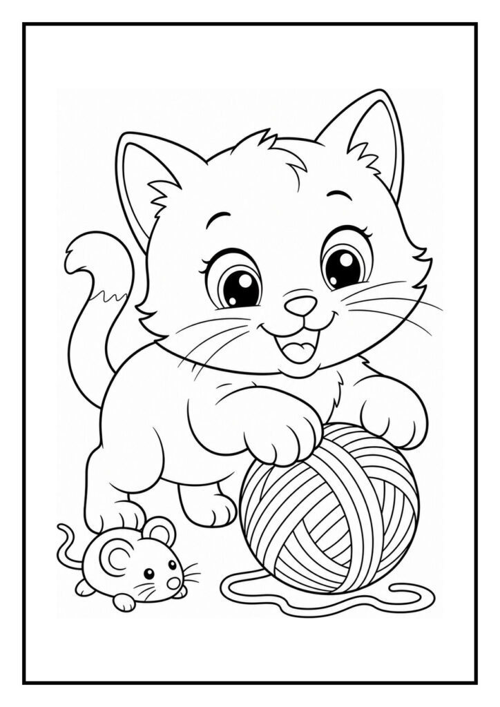 Kleurplaat van een schattige kitten die in een schoen kruipt en speelt met een bol wol en een muisje ernaast