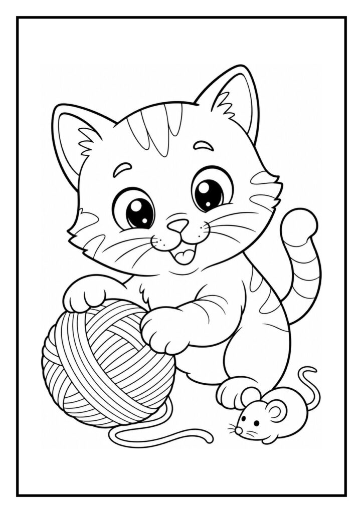 Kleurplaat van een schattige kitten die een visvormig speeltje ontdekt onder een bord