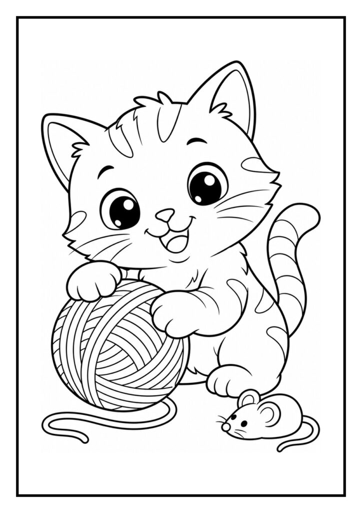 Kleurplaat van een schattige kitten die aan een strik trekt bij een cadeau, met een vrolijke uitstraling.