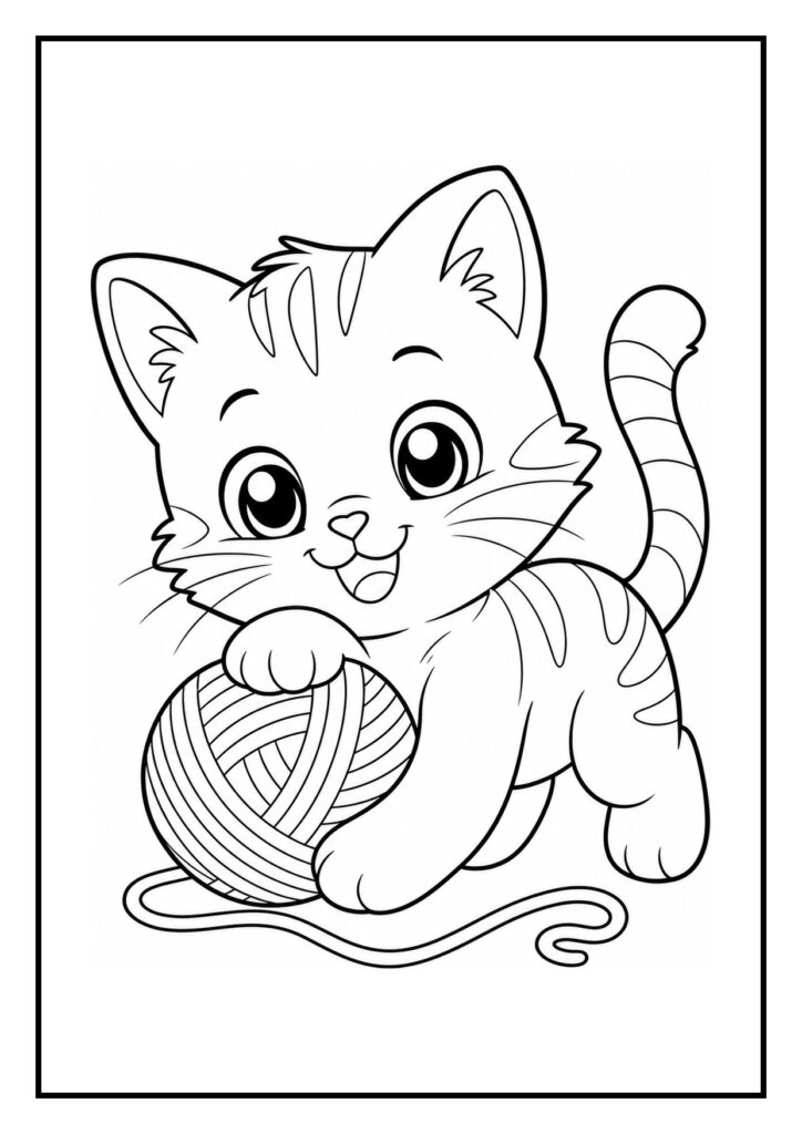Leuke kleurplaat van een vrolijke kitten die speelt met een bol wol