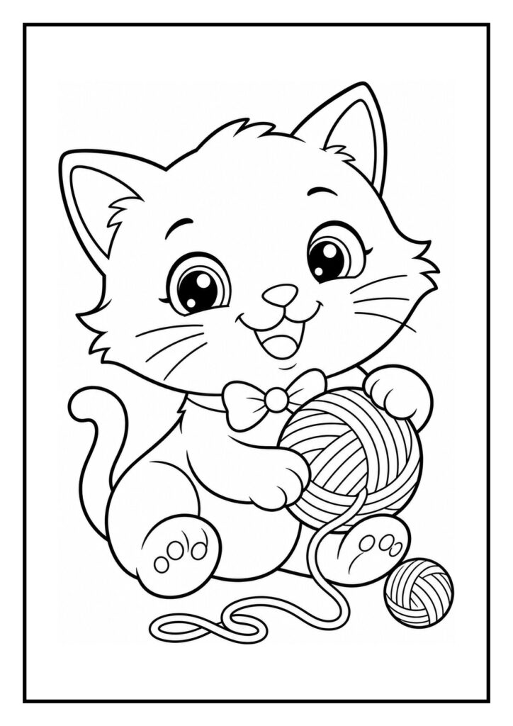 Kleurplaat van een schattige kitten die achter een gordijn speelt met bolletjes wol en een strik