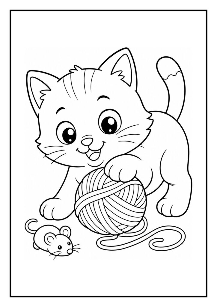 Kleurplaat van een speelse kat die een speelgoedmuis achternazit met een bol wol naast zich.