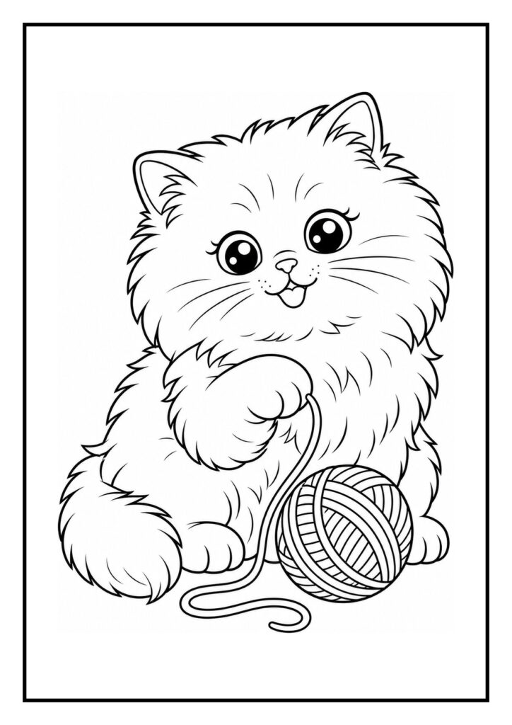 Kleurplaat van een schattige Perzische kat die vrolijk met een bol wol speelt, geschikt voor kinderen.