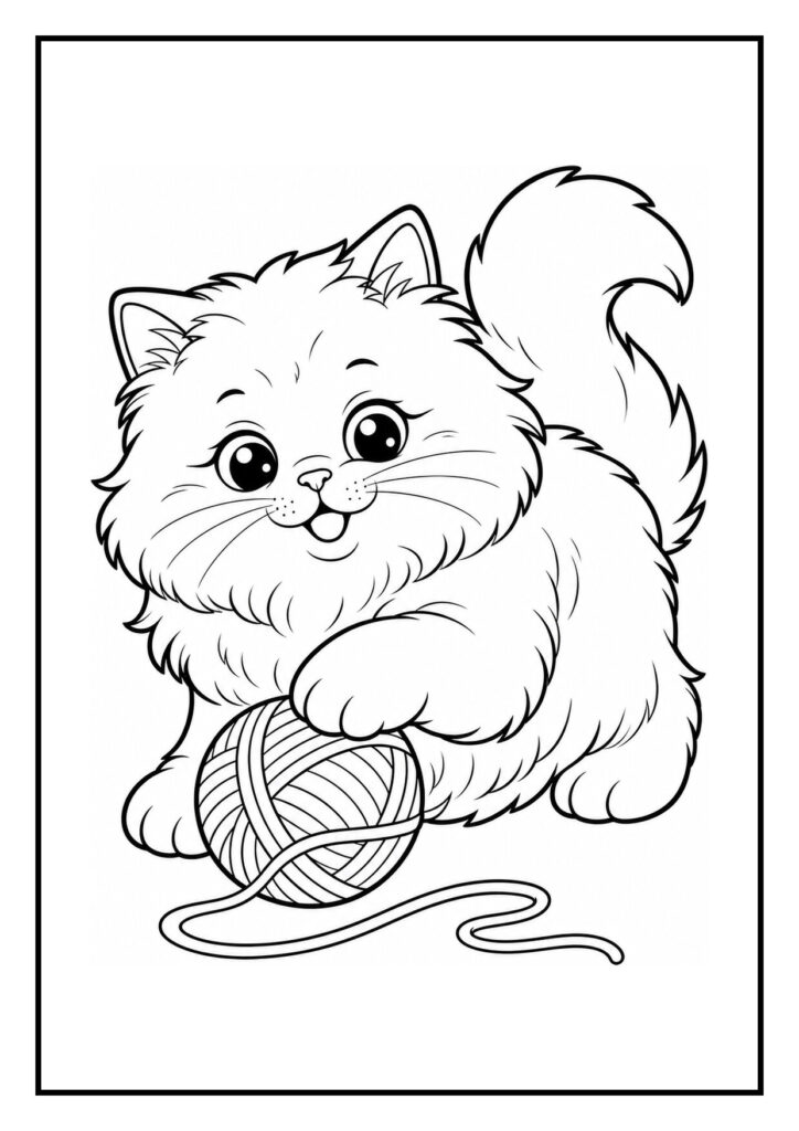Perzische kat die speels met een bol wol speelt en door een zacht gordijn gluurt
