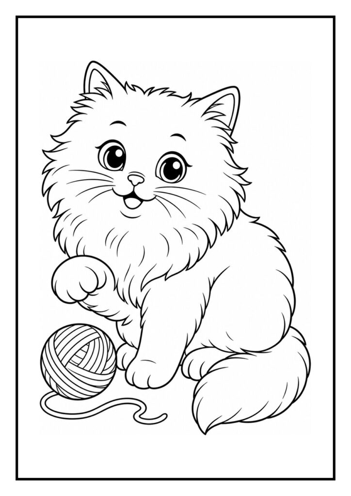 Kleurplaat van een schattige Perzische kat die speelt met een bol wol in een boekenhoekje