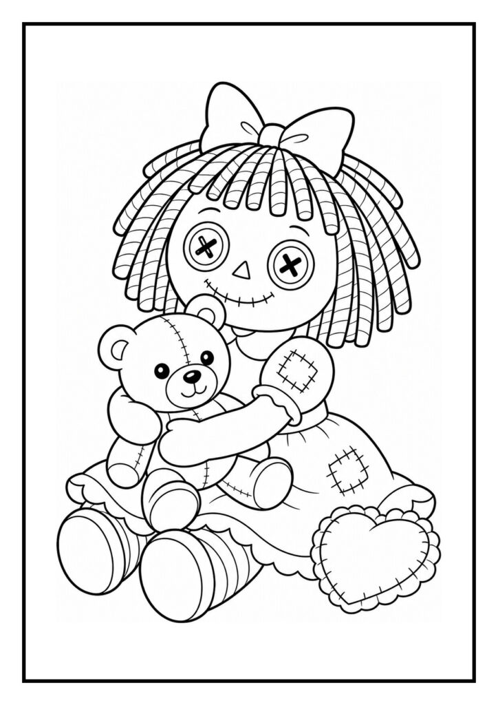 Kleurplaat van een schattige pop met knopen als ogen die een teddybeer vasthoudt en naar een vlinder reikt