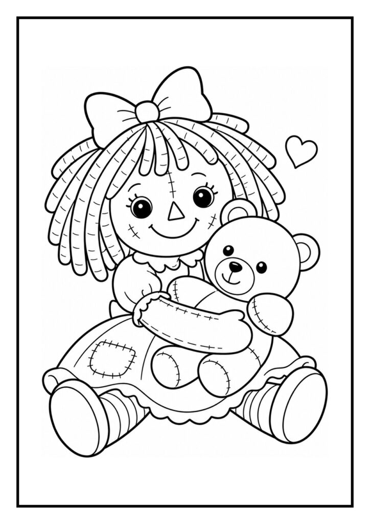 Kleurplaat van een schattige pop die een teddybeer knuffelt met een hartje naast haar hoofd