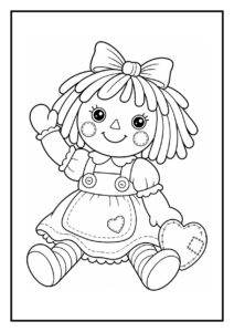 Kleurplaat van een schattige pop met een jurk en een hartje in haar hand die lacht en omhoog kijkt naar een zwevende ballon