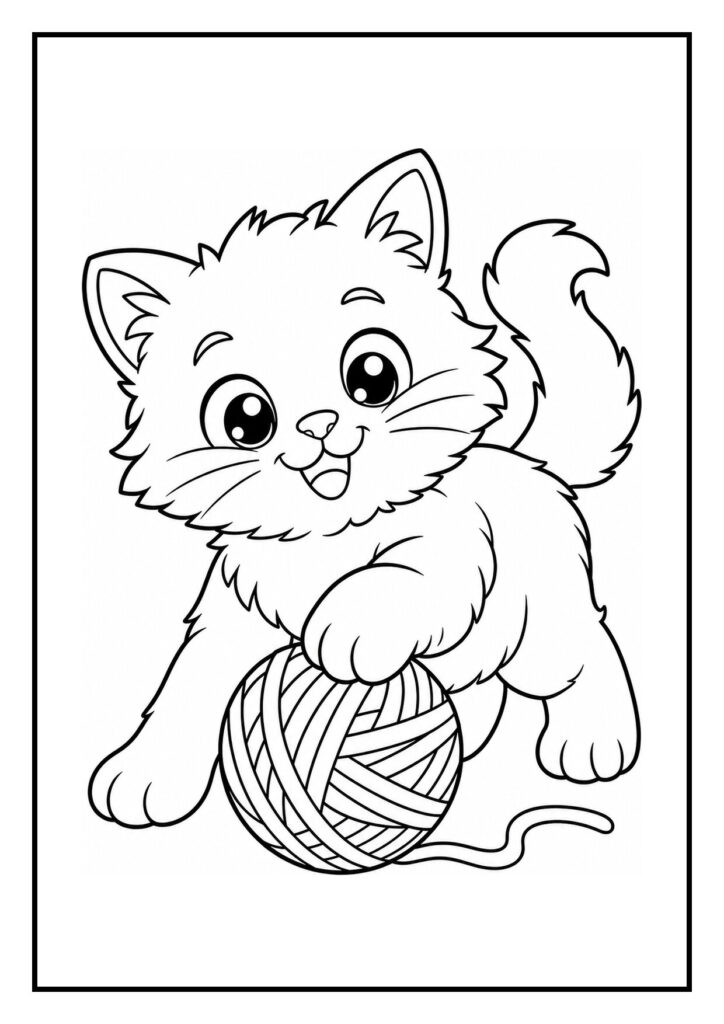 Kleurplaat van een vrolijke kitten die speelt tussen bloempotten op een veranda