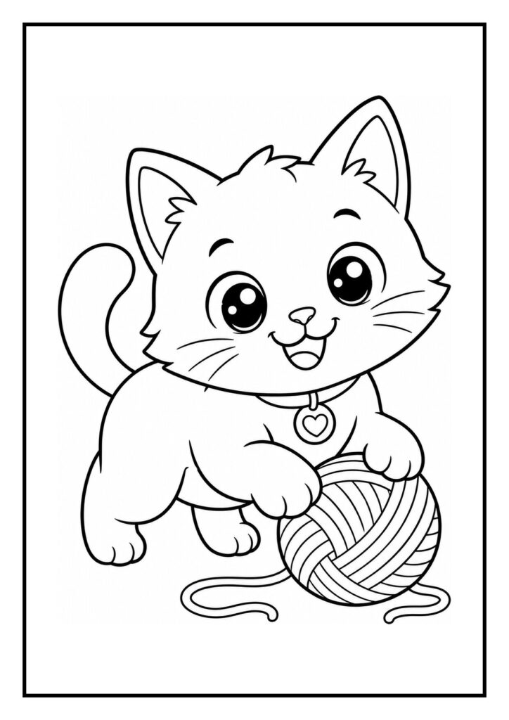 Kleurplaat van een schattige kawaii kat die speels een vlinder vangt