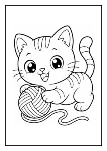 Kleurplaat van een schattige kat die speelt met een bol wol in een speelse sfeer