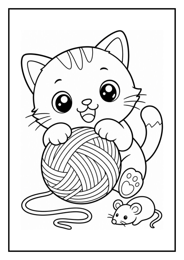 Kleurplaat van een kawaii kat die naar een sterretje grijpt terwijl hij met een bol wol speelt en een kleine muis naast hem zit