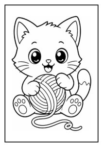 Leuke kleurplaat van een schattige kat die bellen blaast en speelt met een bol wol