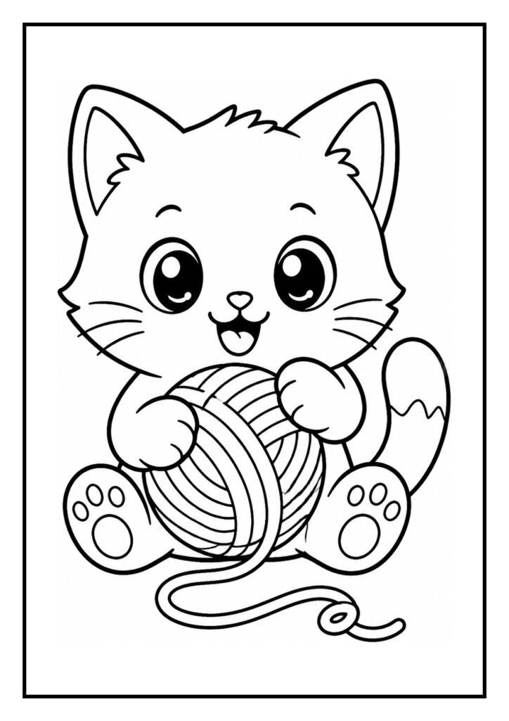 Leuke kleurplaat van een schattige kat die bellen blaast en speelt met een bol wol