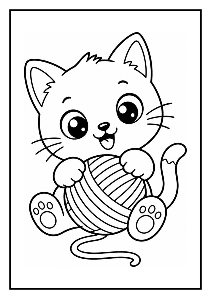Kleurplaat van een vrolijke en schattige kat die uit een kommetje drinkt.