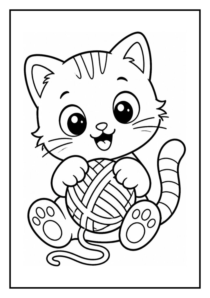 Kleurplaat van een schattige kawaii kat die speelt met een veertje