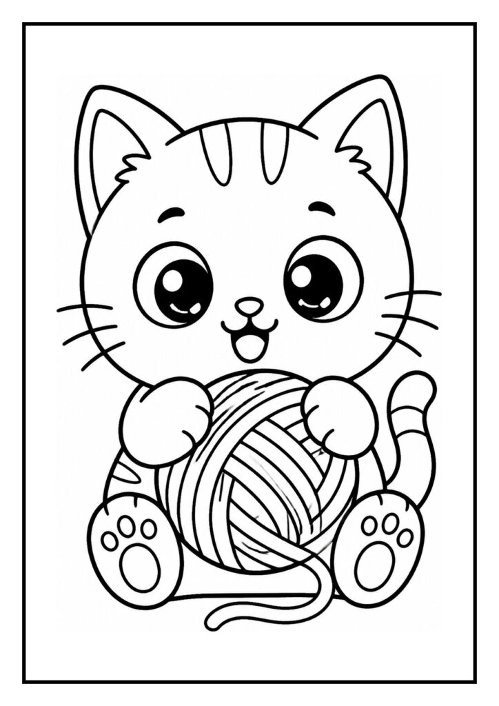 Kleurplaat van een schattige kat die achter een plant verstoppertje speelt, met een bol wol in de poot, geschikt voor jonge kinderen.