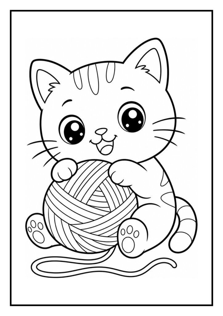 Vrolijke kleurplaat van een schattige kat met een strikje die speelt met een bolletje wol