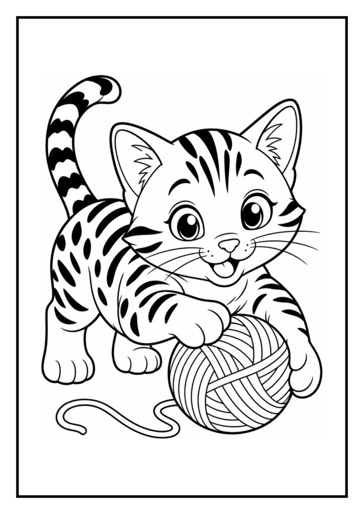 Kleurplaat van een Bengaalse kat die speels achter een vlinder aan het sluipen is