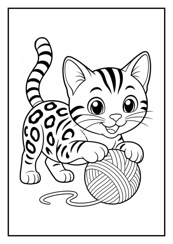 Kleurplaat van een vrolijke kat die langs een tak naar beneden glijdt terwijl hij speelt met een bol wol, geschikt voor jonge kinderen.