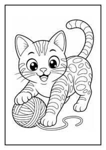 Speelse bengaalse kat die een rinkelend belletje besluipt op de kleurplaat