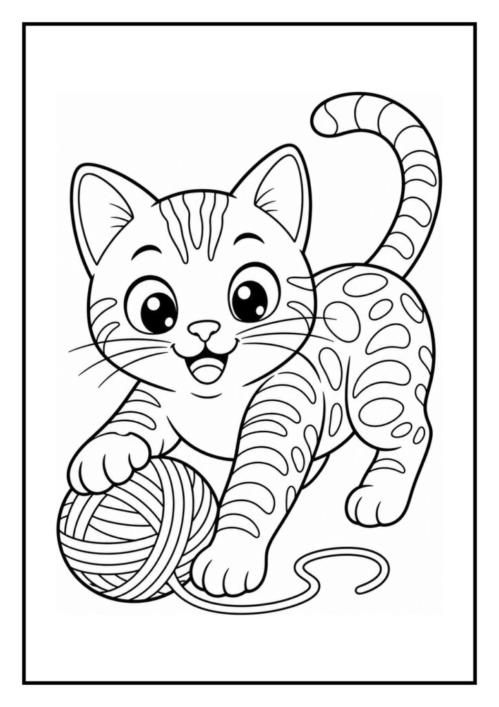 Speelse bengaalse kat die een rinkelend belletje besluipt op de kleurplaat
