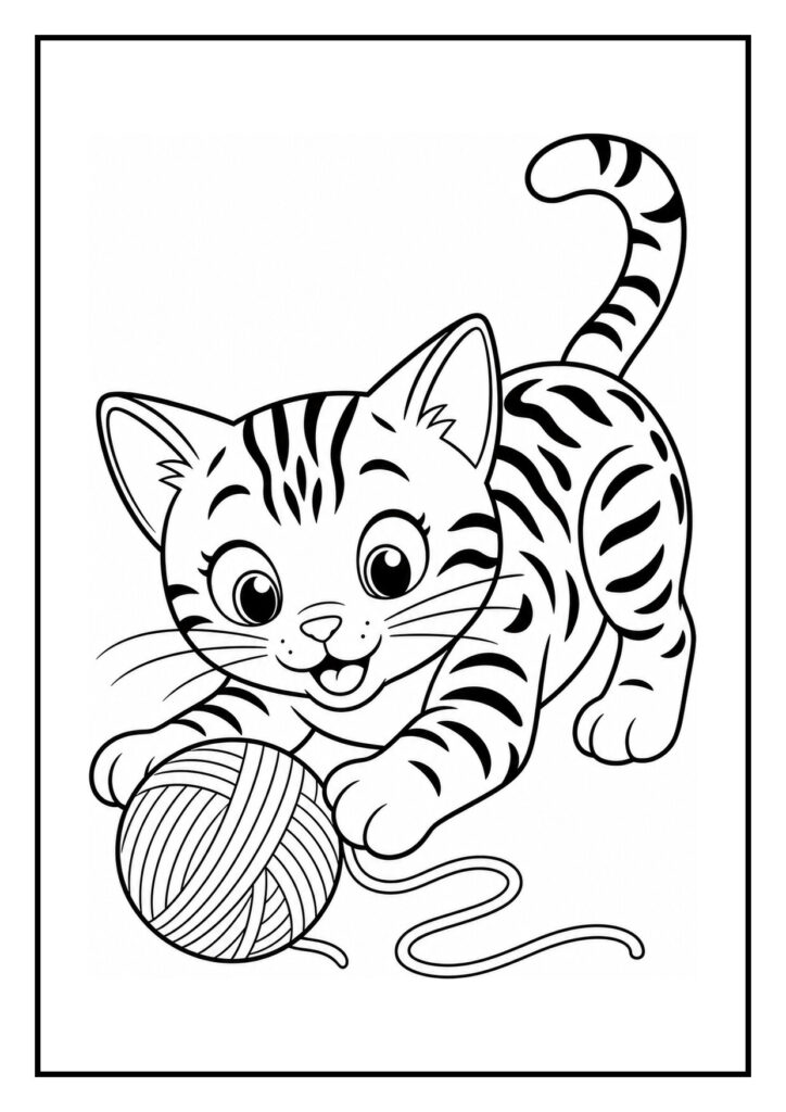 Kleurplaat van een bengaalse kat die speels naar een visje in een vijver kijkt