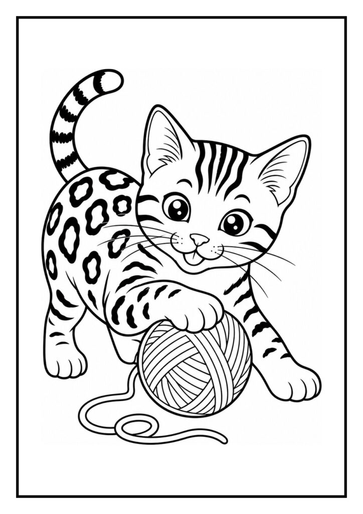 Kleurplaat van een bengaalse kat die speels een vallend blad vangt