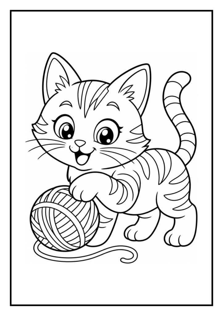 Kleurplaat van een speelse Bengaalse kat die een verstopte muis ontdekt en speelt met een bol wol.
