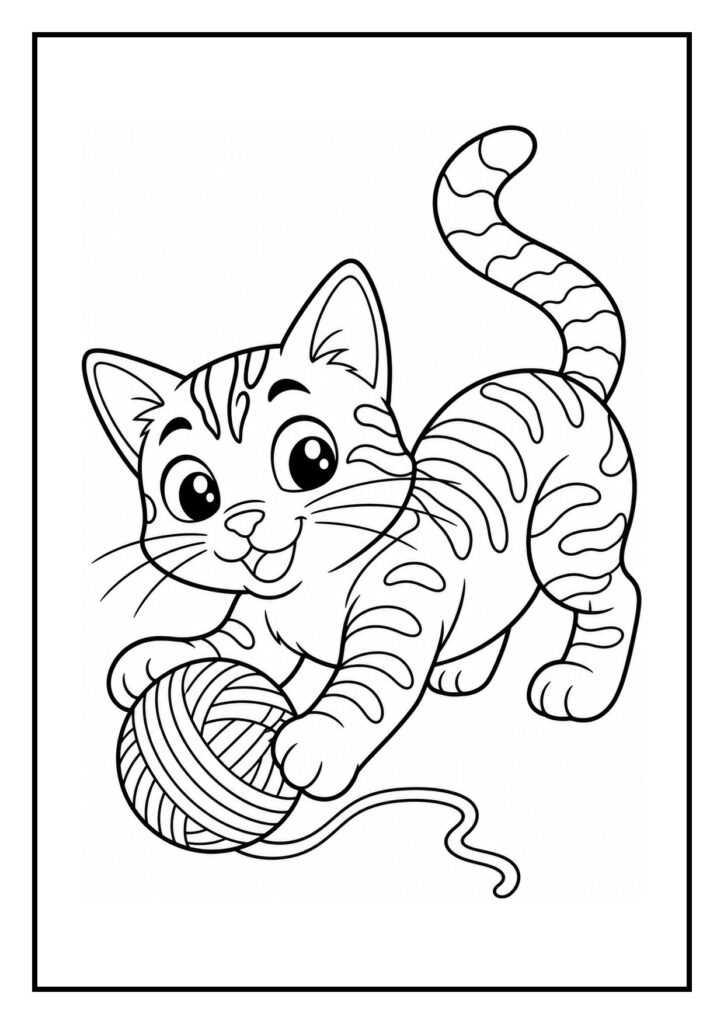 Kleurplaat van een speelse Bengaalse kat die vrolijk in een kartonnen doos duikt
