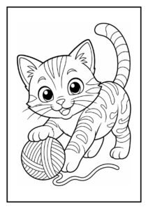 Kleurplaat van een bengaalse kat die zich uitrekt na een lange jacht met een bol wol dichtbij