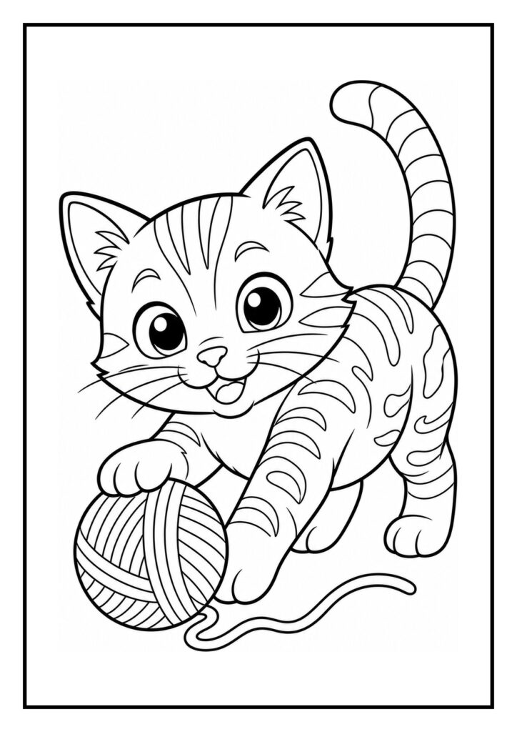 Kleurplaat van een bengaalse kat die zich uitrekt na een lange jacht met een bol wol dichtbij