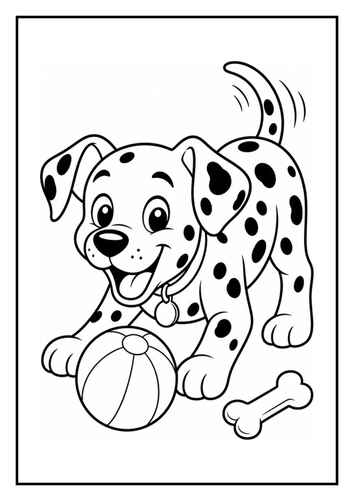 Vrolijke dalmatiër puppy die achter een bal aan rent en een bot vasthoudt in een speelse scène