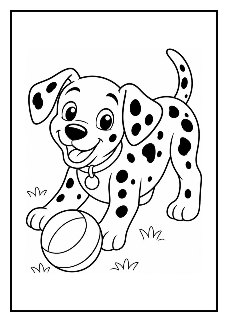 Kleurplaat van een speelse dalmatiër puppy die vrolijk door een brandweerslang springt met een bal op de achtergrond