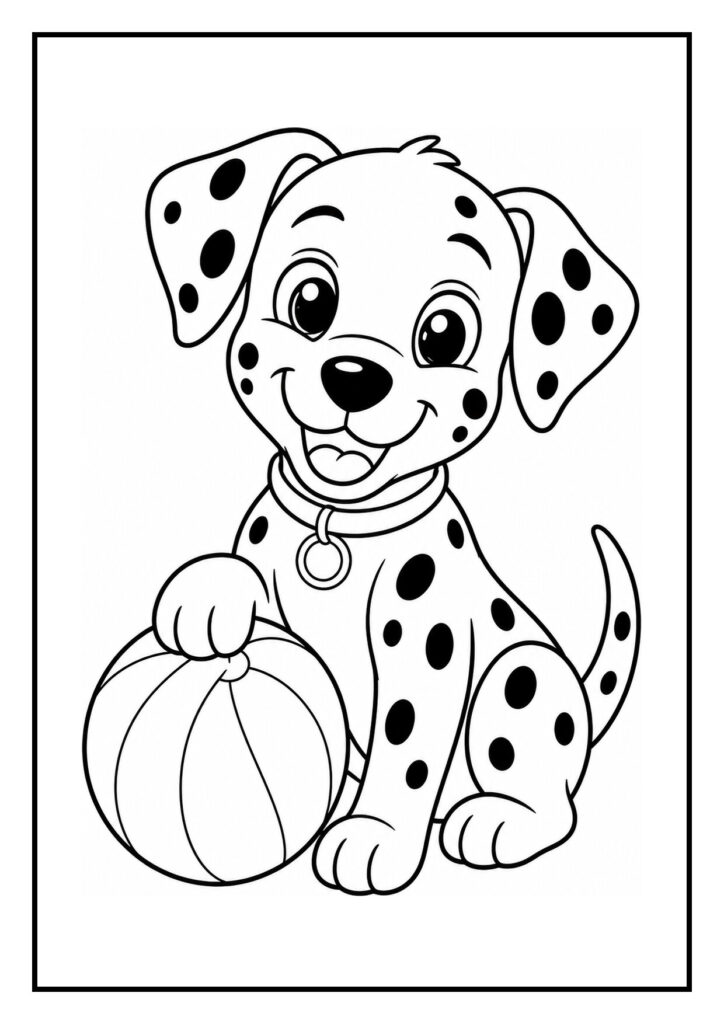 Kleurplaat van een vrolijke dalmatiër puppy die een gevallen bot redt
